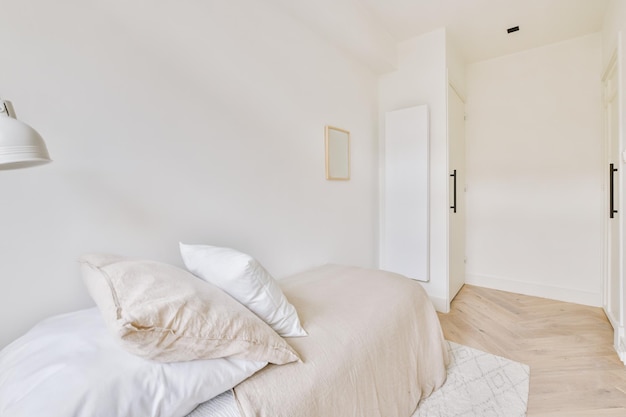 Light bedroom with wooden wardrobe