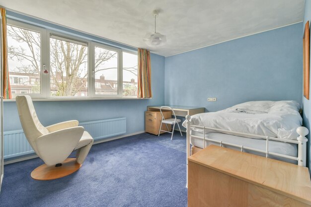 Light bedroom with wooden wardrobe