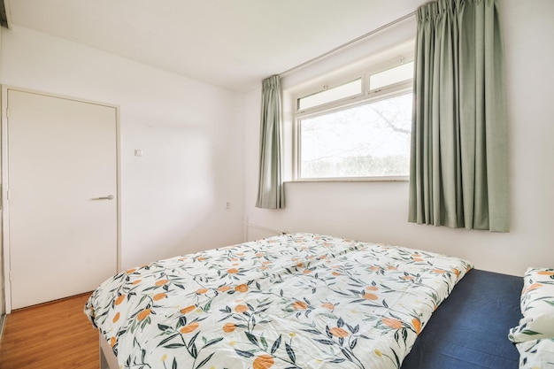 Light bedroom with wooden wardrobe