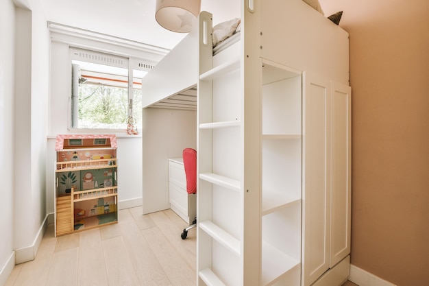 Light bedroom with wooden wardrobe