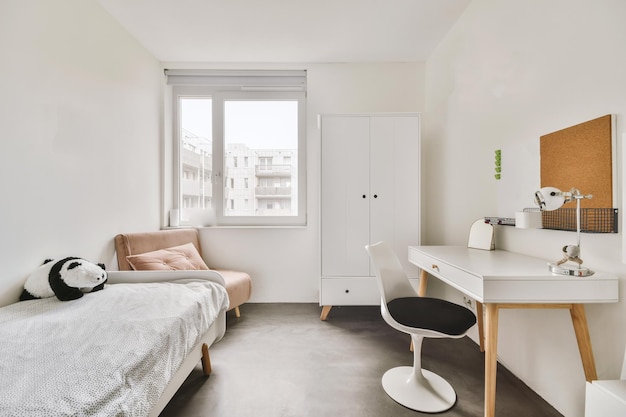 Light bedroom with wooden wardrobe