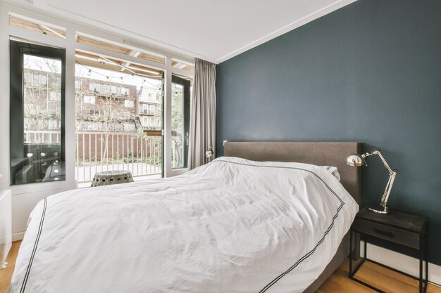 Light bedroom with wooden wardrobe