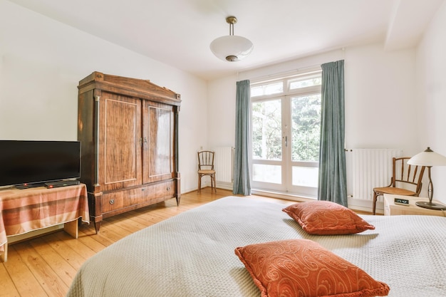 Light bedroom with wooden wardrobe