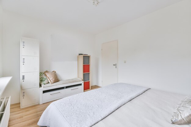 Light bedroom with wooden wardrobe