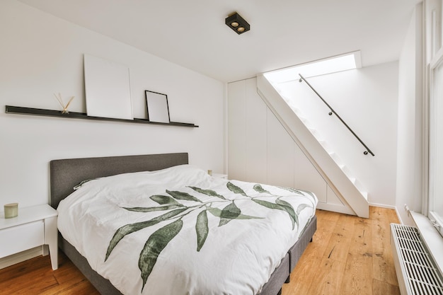 Light bedroom with wooden wardrobe