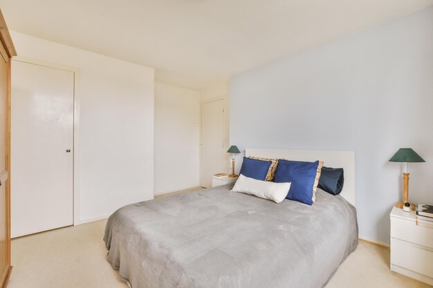 Light bedroom with wooden wardrobe