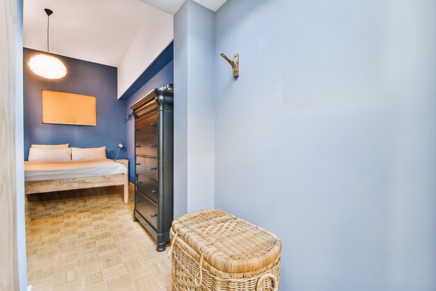 Light bedroom with wooden wardrobe