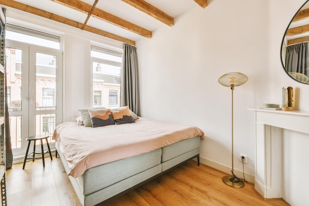 Light bedroom with wooden wardrobe