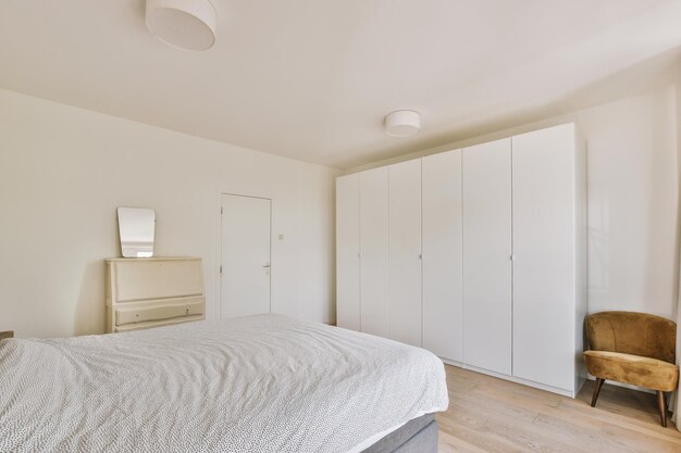 Light bedroom with wooden wardrobe