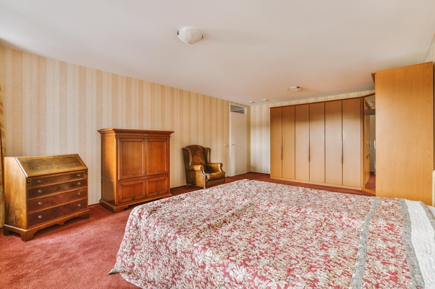 Light bedroom with wooden wardrobe