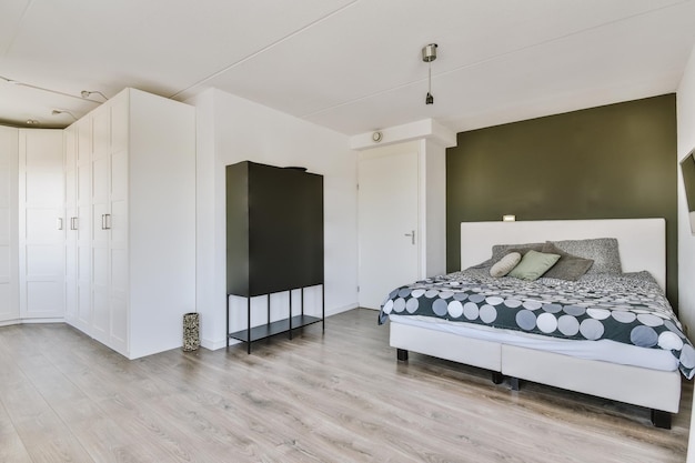 Light bedroom with wooden wardrobe