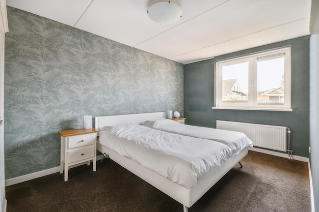 Light bedroom with wooden wardrobe