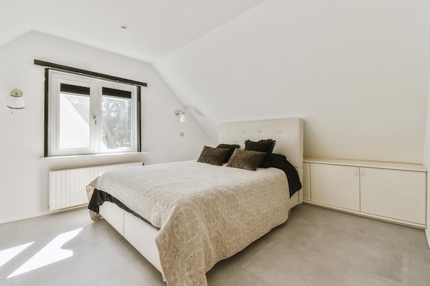 Light bedroom with wooden wardrobe