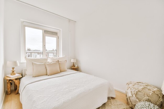 Light bedroom with wooden wardrobe