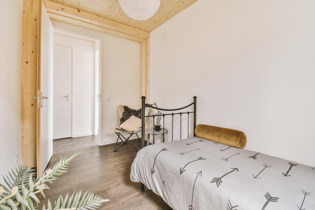 Light bedroom with wooden wardrobe