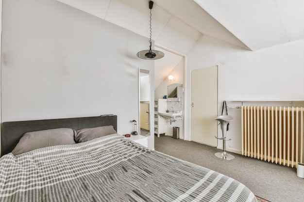 Light bedroom with wooden wardrobe