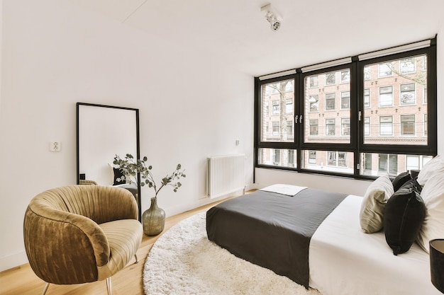 Light bedroom with wooden wardrobe