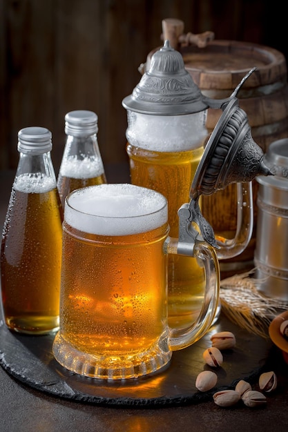 Light beer in a glass on an old background