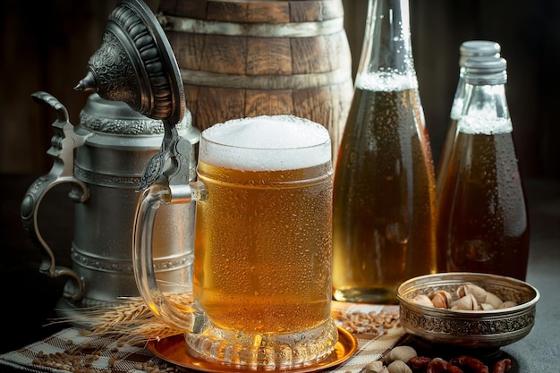 Light beer in a glass on an old background