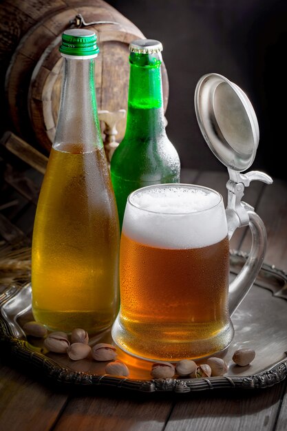 Light beer in a glass on the table