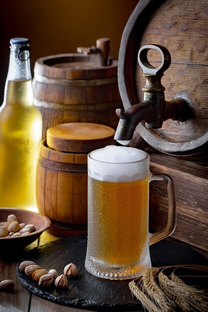 Light beer in a glass on the table