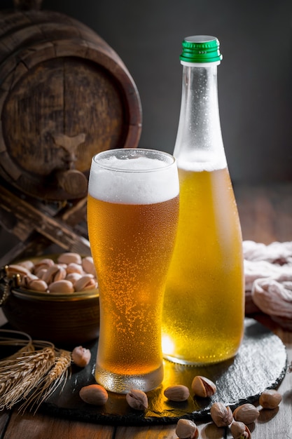 Light beer in a glass on the table