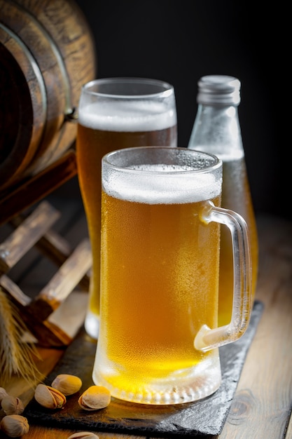 Light beer in a glass on the table