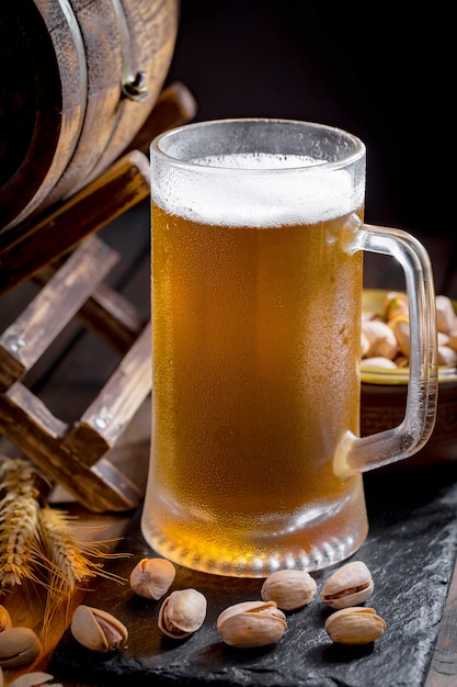 Light beer in a glass on the table