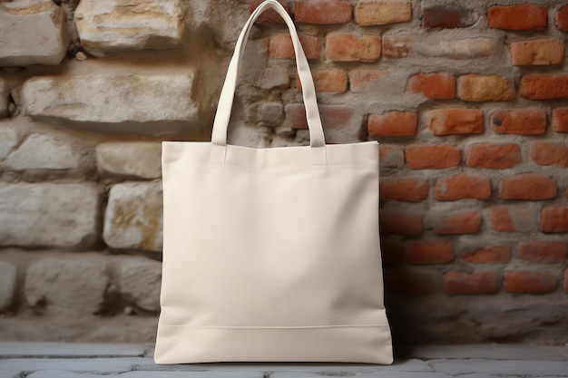 light beige blank linen tote bag mockup Brick Wall for celebration concept for your advertising