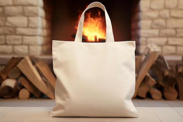 light beige blank linen tote bag mockup Cozy Fireplace for celebration concept for your or