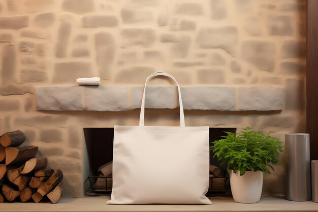 Светло-бежевый пустой макет льняной сумки Уютный камин для концепции праздника для вашего или