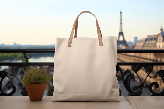 light beige blank linen tote bag mockup French Cafe for celebration concept for your advertising