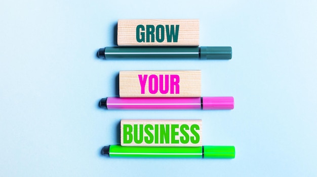 연한 파란색 배경에 3개의 멀티 컬러 펠트 펜과 GROW YOUR BUSINESS가 표시된 나무 블록이 있습니다.