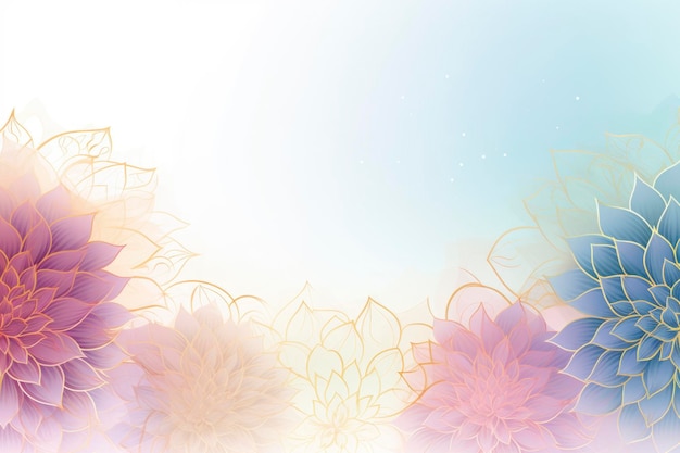 light blue background with subtle purple and gold flowers