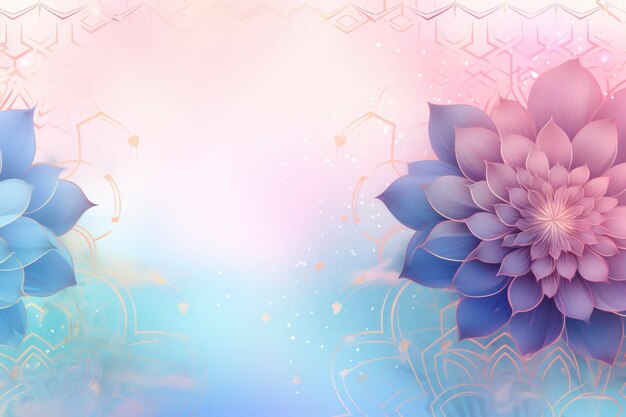 light blue background with subtle purple and gold flowers