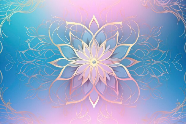 light blue background with subtle purple and gold flowers