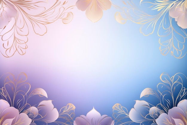 은은한 보라색과 금색 꽃이 있는 연한 파란색 배경