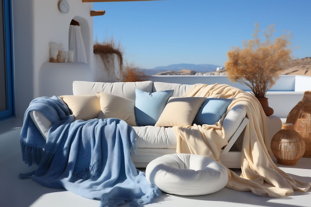 Photo light blue and beige terrace with sofa blankets and pillows at the sea blue sky in the background