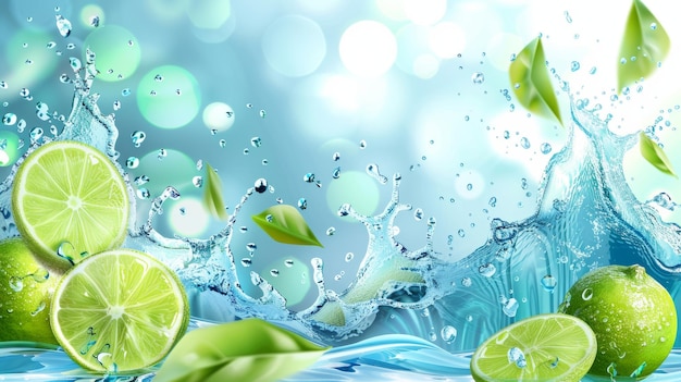 Light blue bokeh background with a realistic 3D lime and splashing water