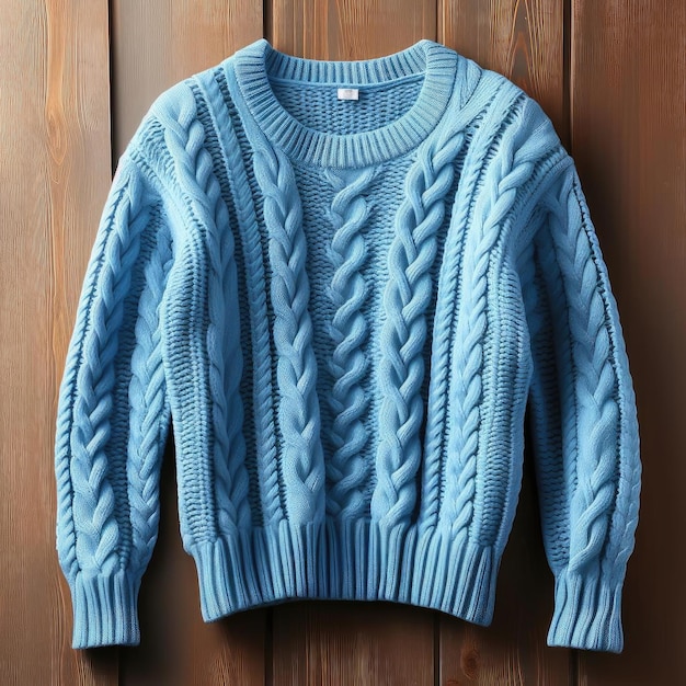 Голубой свитер с круглым вырезом и косами
