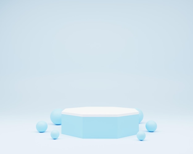 明るい青の色 3 d レンダリングされた表彰台の背景に球体