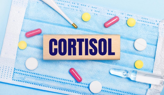 On a light blue disposable face mask there are tablets, a thermometer, an ampoule and a wooden block with the text CORTISOL. Medical concept