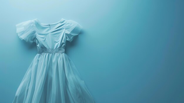 Light blue dress hanging on a blue background The dress is made of a thin flowing fabric and has a fitted bodice with a full skirt