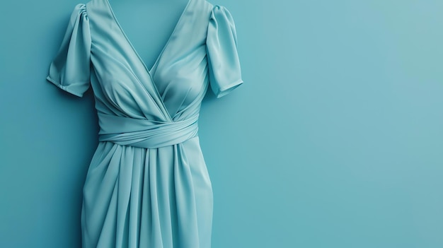 青い背景に吊るされた明るい青いエレガントなドレスは,柔らかい流れる布で作られ,ネックラインと短袖を特徴としています.