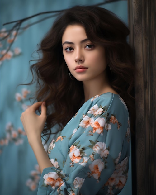 Светло-голубое цветочное платье Азиатская девушка