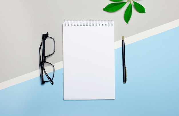 On a light blue and gray background, glasses, a pen, a green plant and a white notebook with a place to insert text or illustrations. Template. Flat lay