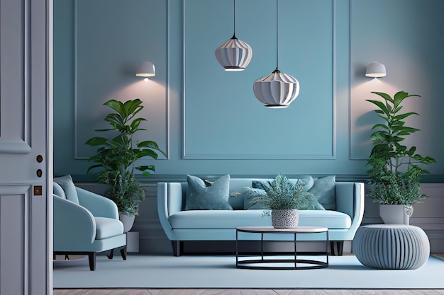 Светло-голубая гостиная украшена лампами и растениями из деревьев Generative Ai