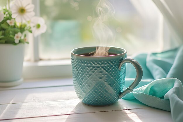 A light blue mug and small flowers on a rustic white table hot drink