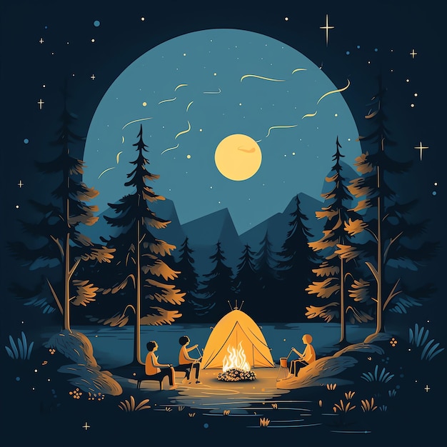 light blue night simple flat vector illustration with fir trees and bonfire camping tent
