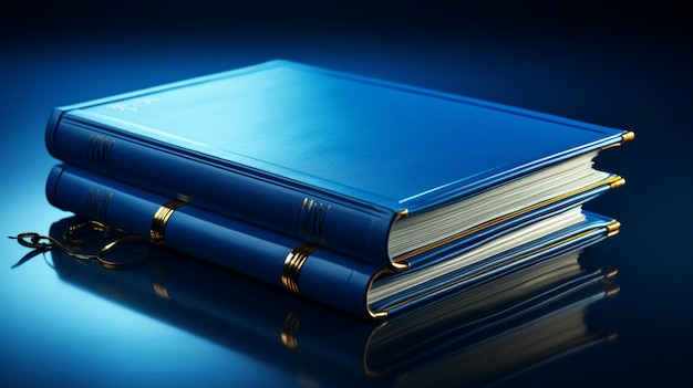 light blue notebook and a pen on dark blue background